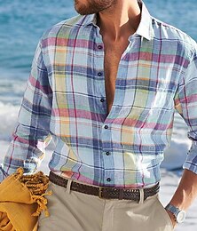 economico -Per uomo Camicia Camicia Estiva Camicia casual Camicia da Spiaggia Camicia con Bottoni Camicie a quadri Blu Manica Lunga Plaid Bavero Vacanza Streetwear Stampato Abbigliamento Poliestere Moda Tempo