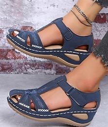 cheap -Women's Sandals Wedge Sandals Platform Sandals Outdoor Daily Beach Solid Color Summer Embroidery Wedge Heel Round Toe Elegant Casual Minimalism Faux Leather Magic Tape Black Blue Purple