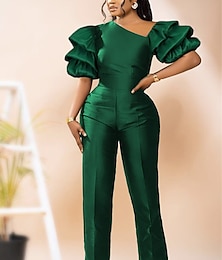 cheap -Women's Jumpsuit High Waist Solid Color V Neck Elegant Wedding Party Regular Fit Short Sleeve Puff Sleeve Fuchsia Green S M L Summer