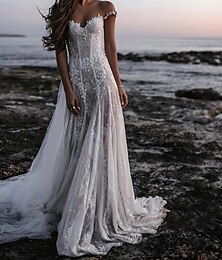 economico -Abiti da Sposa Boho Apertura sulla Schiena A-Line Spalle Scoperte Maniche a Cappuccio Strascico di Corte Abiti da Sposa in Pizzo con Applicazioni Colore Solido