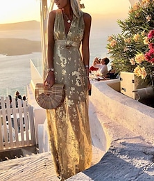 Χαμηλού Κόστους -Γυναικεία Φόρεμα για πάρτυ Φόρεμα για τον ήλιο Φόρεμα σε γραμμή Α Μακρύ Φόρεμα Μάξι Φόρεμα Μαύρο Κίτρινο Ανθισμένο Ροζ Αμάνικο Μονόχρωμες Λαμπύρισμα Καλοκαίρι Άνοιξη Βαθύ V Διακοπές