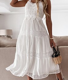 olcso -női csipke fehér ruha sima csipke üreges v nyakú midi ruha elegáns klasszikus napi randevú ujjatlan nyári tavasz