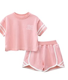 billiga -2 delar Barn Flickor Bokstav Shorts kostym Uppsättning Kortärmad Aktiv Ledigt Bomull 7-13 år Sommar Rodnande Rosa Grå