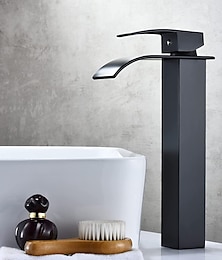 economico -Rubinetto Miscelatore Lavabo Bagno A Cascata Alto Corto, Lavabo Monocomando Rubinetti Lavabo Monocomando, Bagno Con Tubo Flessibile Caldo E Freddo Vaso Monoblocco Acqua Rubinetto In Ottone Montaggio A Bordo Nero Dorato