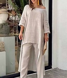 abordables -Conjuntos de dos piezas inspirados en lino para mujer, moda de color puro, sencillos, informales, para citas callejeras, aeropuertos, transpirables, cuello redondo, manga larga, pantalones, verano, primavera, hogar.