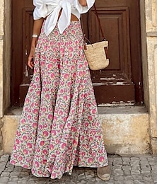 cheap -Women's Swing Long Skirt Bohemia Maxi Skirts Print Floral Street Vacation Spring & Summer Polyester Fashion coastal grandma style Boho Pink Rose
