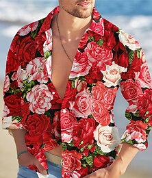 preiswerte -Herren Blumen Tropische Blumen Rose Hemd Sommer Hawaiihemd Alohahemd Langarm Hemd Umlegekragen Mode Streetwear Designer Outdoor Straße Lässig Gelb Rote Blau S M L