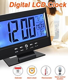 cheap -Intelligent Digital Clock Voice Control Snooze Backlight Creative Electronic Clock With Thermometer Weather Station Display Calendar Student Bedside Alarm Clock Wireless Temperature Humidity Meter