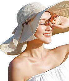 baratos -1 peça chapéu de palha feminino de 5,5 polegadas com laço grande, flexível e dobrável, boné de praia chapéu de sol upf 50