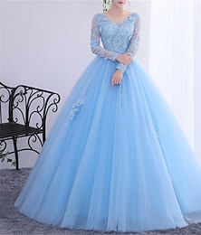 preiswerte -Ballkleid Quinceanera-Kleider Prinzessinnenkleid Performance Quinceanera bodenlang Langarm V-Ausschnitt mit Kristallapplikationen Kleid zum Beeindrucken 2025