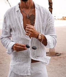 abordables -Hombre camisa de lino Camisa casual Camisa de verano Camisa de playa Negro Blanco Rosa Manga Larga Plano Diseño Primavera verano Hawaiano Festivos Ropa Básico
