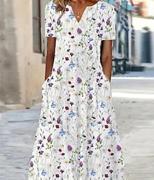 ieftine -Rochie Midi pentru Femei Rochie Shift Floral Imprimat cu Buzunar Decolteu în V Întâlniri Vacanță Mâneca Scurtă Vară Primăvară