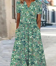 abordables -Femmes Robe Midi Robe fourreau Robe d'été Robe Imprimée Actif Mode Streetwear Extérieur Vacances Date Coupe régulière Fleuri Manche Courte Col en V Bleu Vert Gris Été Printemps