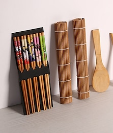 abordables -9 unids/set diy fabricante de sushi de bambú, cortina de sushi, kits para hacer sushi de arroz, rollo de herramientas de cocina, palillos, cuchara, hoja de sushi