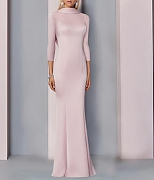 billige -Mermaid Kveldsdrakt Elegant Kjole Formell Bryllupsinnbydelse Gulvlengde 3/4 Lengde Ermer Høy Hals Satin med Slit