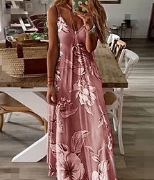 abordables -Robe maxi femme Robe d'été Robe en A Robe florale Mode moderne Décontractée Vacances Quotidienne Coupe régulière Florale Sans manches Col V Rose Bleu Violet Fuchsia Été Printemps