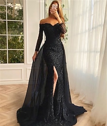 cheap -Mermaid / Trumpet Evening Gown Floral Dress Formal Wedding Sweep / Brush Train Long Sleeve Off Shoulder Fall Wedding Reception Chiffon with Slit Appliques 2024