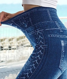 abordables -Mujer Medias Pantalones Denim de imitación Plano Longitud total Elástico Alta cintura Moda Casual Fin de semana Negro Azul Piscina S M