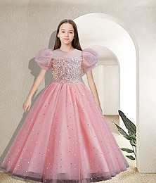 billige -Børn Pige Festkjole Helfarve Blomst Kortærmet Ydeevne Bryllup Pailletter Elegant Prinsesse Polyester Maxi Pink prinsesse kjole Kjole Med Tyl Sommer Forår 4-13 år Flerfarvet Hvid Lyserød