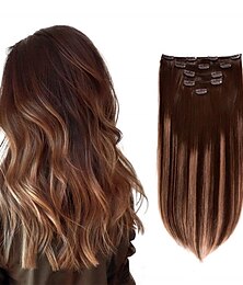 billiga -5 stycken 14 remy clip in hair extensions mänskligt hår chokladbrunt till honungsblond highlight brown ombre - silkeslen rak kort tjock äkta hårförlängning för kvinnor