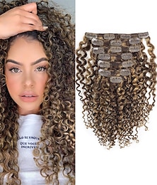 cheap -Two Tone Color 14Inch Jerry Curly Clip in Hair Extension Human Hair #4 Dark Brown Color with #27 Strawberry Blonde Color 3B 3C Curly Double Weft with 7pieces 120Grams Per Pack