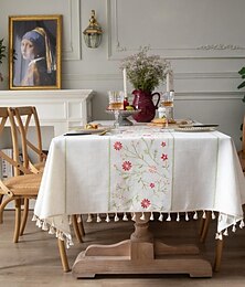 abordables -Nappe de ferme en coton et lin - Nappe de printemps ronde en tissu d'extérieur - Rectangulaire ovale pour pique-nique, mariage, salle à manger, Pâques, cuisine