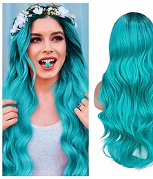 economico -Parrucche Ombre Blu Verdi Lunghe Mossi Turchesi Blu Parrucca Parte Laterale a 2 Toni Radici Scure Sintetiche per Uso Quotidiano Cosplay Feste per Donne Parrucche di Halloween