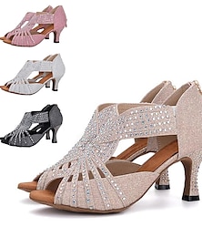 cheap -Women's Latin Shoes Performance Glitter Crystal Sequined Jeweled Sandal Heel Rhinestone Glitter Flared Heel Zipper Black / White White / Silver Pink
