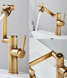 cheap -Foldable Bathroom Sink Mixer Faucet LED Displayer, Vintage 360 Swivel Spout Rotatable Wash Basin Tap, Brass Retro Single Handle One Hole with Cold and Hot Water Hose