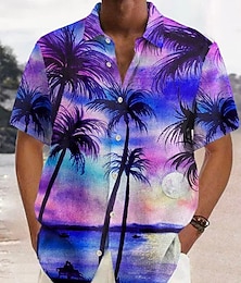 cheap -Hawaiian Shirt Mens Graphic Summer Coconut TreeTurndown Red Purple Brown Green Rainbow Street Casual Short Sleeves Button Colorful Beach Blue Cotton Tropical Button-Down