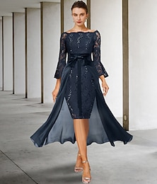 voordelige -Twee Delige Sheath Moeder van de Bruid Jurk Formele Bruiloft Gast Elegante Feest Off Shoulder Knie Lengte Chiffon Kant Imiteerde Zijde 3/4 Lengte Mouw met Strik(ken) 2025 gratis op maat