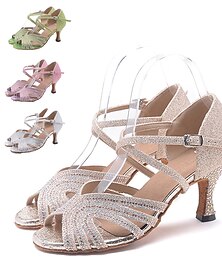 abordables -Mujer Zapatos de Baile Latino Zapatos de Salsa Rendimiento Profesional Lentejuelas cristal brillo Sandalia Tacones Alto Pedrería Purpurina Brillante Tacón Carrete Hebilla Plata Dorado Rosa