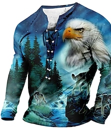 voordelige -adelaar en wolven casual heren 3D-shirt voor | groen winterpolyester | heren T-shirt grafische dierenkraag kleding 3D-print dagelijks lange mouwen vetersluiting modeontwerper