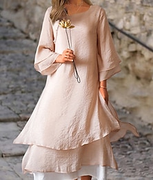 abordables -Femmes Rose Claire Blanche Été Printemps Automne Robe Midi Robes inspirées du lin Robe Blanche Robe Décontractée Basique Occasionnel Extérieur Vacances Quotidien Coupe Ample Couleur Unie Col ras du