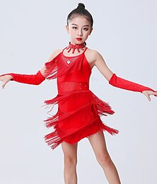 cheap -Latin Dance Dress Tassel Side Draping Ruching Girls' Performance Training Sleeveless Polyester