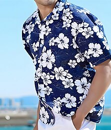 economico -Per uomo Floreale Fiori tropicali Camicia Camicia estiva Camicia da spiaggia Manica corta Camicia Collo ripiegabile Di tendenza Traspirante Comodo Esterno Strada Informale Mare blu Blu Blu / bianco S