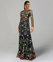 cheap -Sheath / Column Wedding Guest Dresses Floral Dress Semi Formal Garden Party Floor Length Long Sleeve Jewel Neck Fall Wedding Guest Tulle with Embroidery 2024