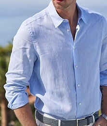 economico -Per uomo camicia di lino Maglietta informale Camicia estiva Camicia da spiaggia Bianco Rosa Blu Manica lunga Liscio Bavero Primavera estate Hawaiano Per eventi Abbigliamento Di base