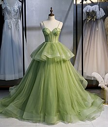 billiga -balklänning quinceanera klänningar elegant klänning prestanda söt 16 domstol tåg ärmlös spagetti rem tyll med volanger maskerad klänning klänning att imponera 2025