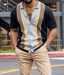 お買い得  -男性用 ニットポロ ゴルフシャツ カジュアル デイリーウェア クラシック 半袖 クラシック・タイムレス カラーブロック 幾何学的な ニット ボタンフロント 夏 春 グレー ニットポロ