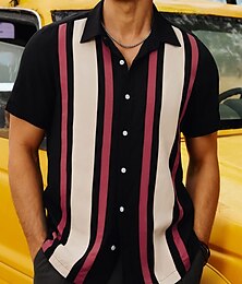 preiswerte -Herren Hemd Sommerhemd Freizeithemd Bowlinghemd Knopfhemd Schwarz Blau Kurzarm Gestreift Revers Urlaub Straße Druck Bekleidung Polyester Mode 1950er Freizeit Hawaiihemd