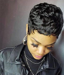 baratos -Perucas de cabelo curto corte pixie em linha reta peruca curta para mulheres negras 100% cabelo humano virgem brasileiro sem rendas máquina completa feita 6 polegadas peruca natural de cor preta