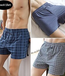 baratos -Homens 3 pacotes Cueca Boxer cueca boxer americana Imprimir Misto de Algodão Lavável Confortável Xadrez Cintura Baixa Azul+Azul escuro+Cinza claro