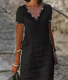 cheap -Women's Cotton Linen V-Neck Midi Dress Beaded Sleeve Summer Spring Regular Fit