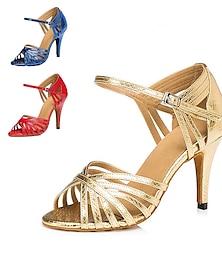 cheap -Women's Latin Shoes Ballroom Shoes Salsa Shoes Line Dance Indoor Party /Prom Performance Practice Basic Heel Solid Color Slim High Heel Ankle Strap Gold Red Blue