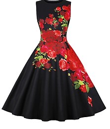 cheap -Women's Retro 1950s Vintage Dress Midi Dress Daily Holiday Ruched Bow Floral Crewneck Sleeveless V Summer Spring Deep Purple Black