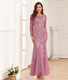 economico -Abito da sera sirena elegante in paillettes invitata al matrimonio ballo lungo fino al pavimento maniche lunghe collo gioiello tulle con ricami abito per impressionare
