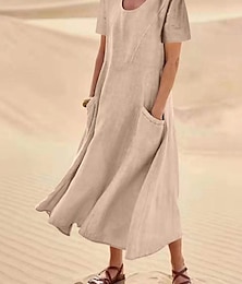 cheap -Women's Casual Dress Cotton Linen Dress Swing Dress Maxi long Dress Linen Cotton Blend Fashion Classic Outdoor Daily Vacation Crew Neck Pocket Short Sleeve Summer Spring 2023 Loose Fit Black Pink Sky