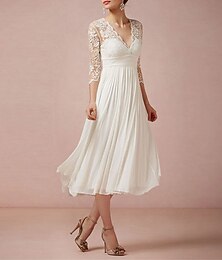 economico -Matrimonio sulla spiaggia addio al nubilato piccolo abito bianco abiti per addio al nubilato abiti da matrimonio A-Line scollo a V manica 3/4 lunghezza tea chiffon abiti da sposa con applicazioni