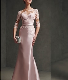 abordables -Robe Mère de la Mariée Sirène Robe Formelle Soirée Élégante Fête Encolure Scoop Longueur de Sol Satin Dentelle Manches 3/4 avec Plis Fente Avant 2025